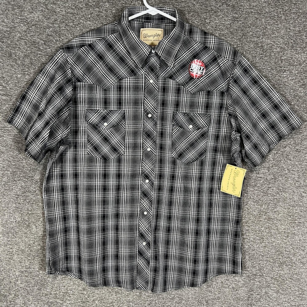 Wrangler Shirt Mens XL Black Plaid Short Sleeve Pearl Snap Western Easy Care